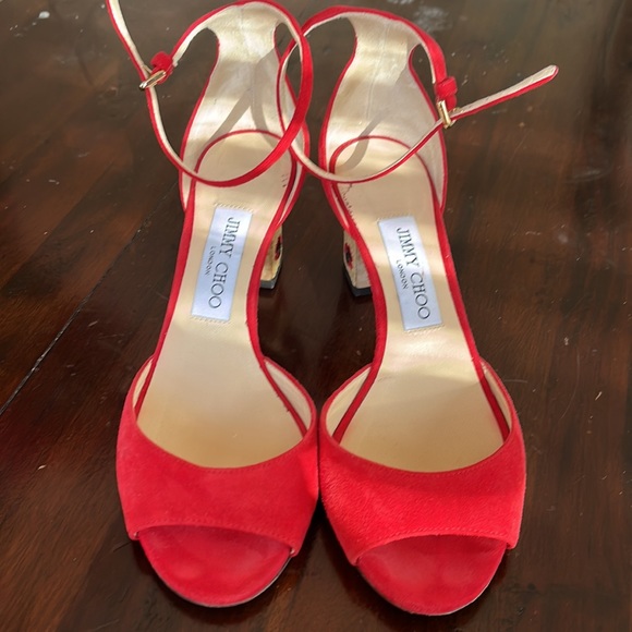 Jimmy Choo straw heel with flowers red suede sandals like new, 2.5’ heel - Picture 2 of 5